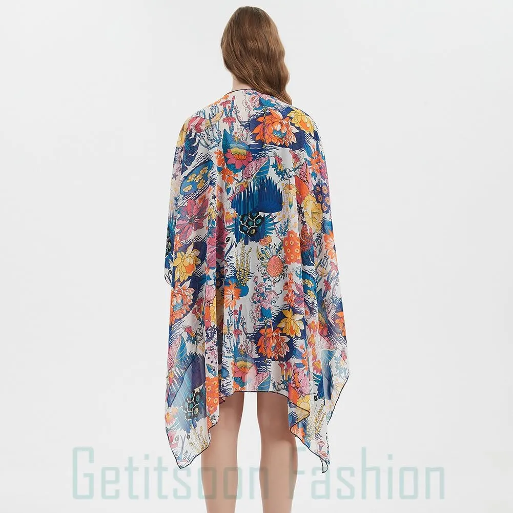 Women's Bohemian Floral Chiffon Beach Cover up Swimsuit Kimono Summer Swimwear Cardigans