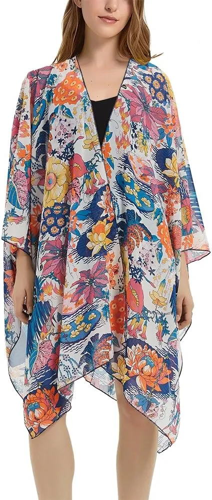 Women's Bohemian Floral Chiffon Beach Cover up Swimsuit Kimono Summer Swimwear Cardigans