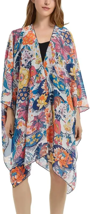 Women's Bohemian Floral Chiffon Beach Cover up Swimsuit Kimono Summer Swimwear Cardigans