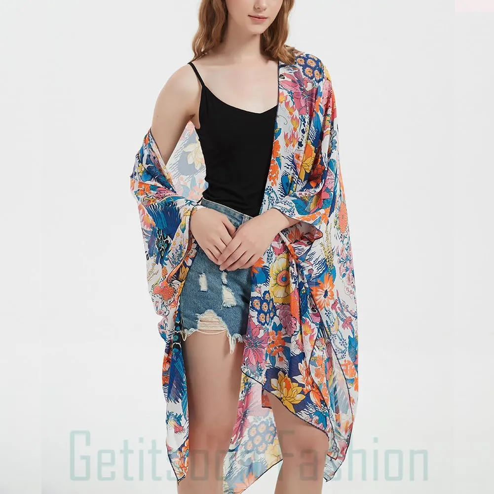 Women's Bohemian Floral Chiffon Beach Cover up Swimsuit Kimono Summer Swimwear Cardigans