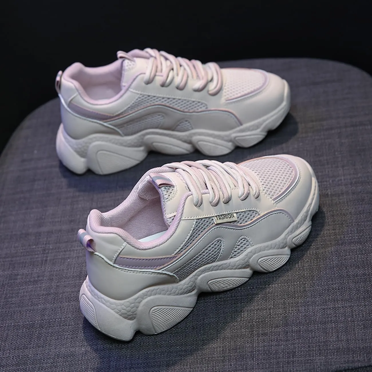 Women's Breathable Mesh Platform Sneakers Fashion Lace-Up White Casual Shoes for Walking & Campus Wear