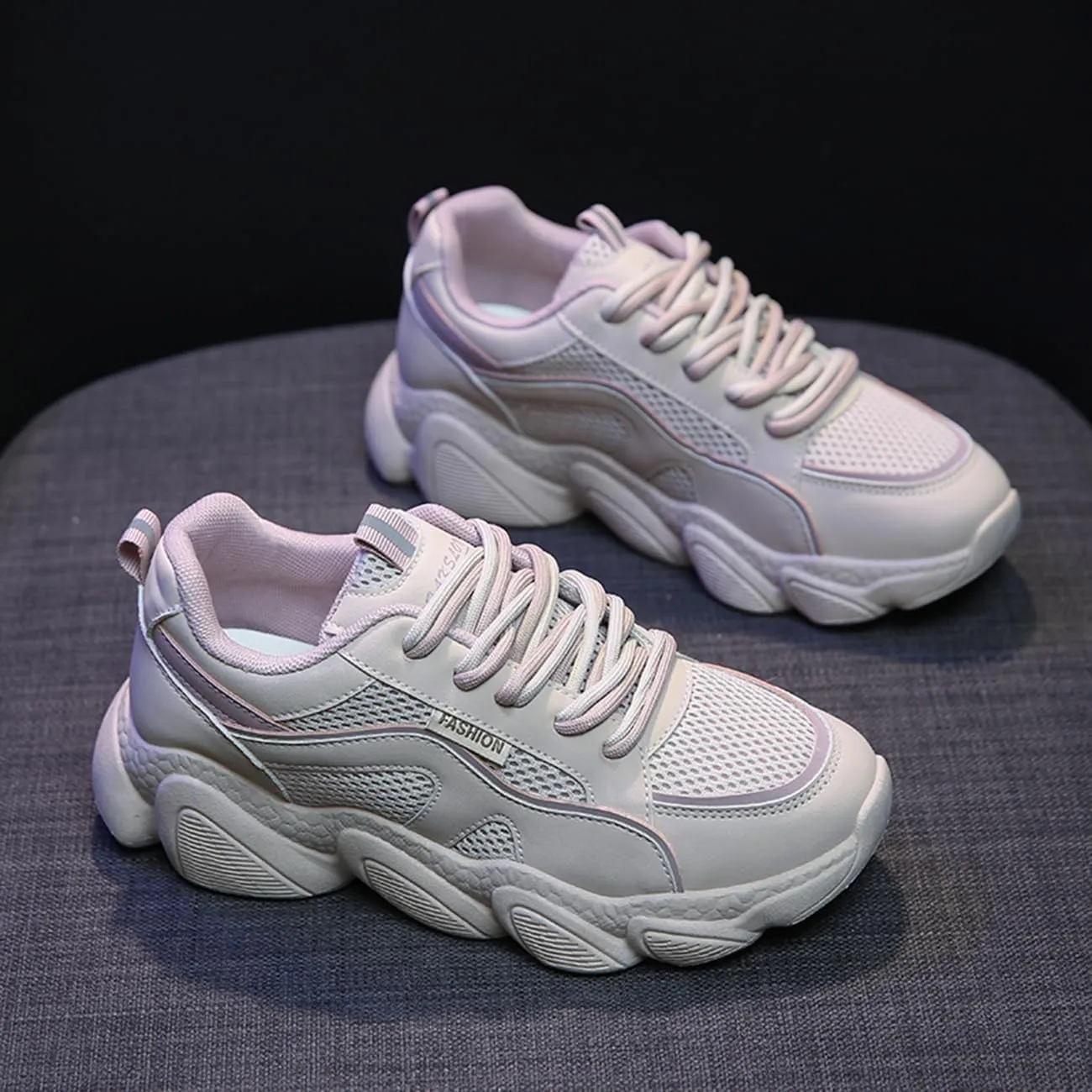 Women's Breathable Mesh Platform Sneakers Fashion Lace-Up White Casual Shoes for Walking & Campus Wear