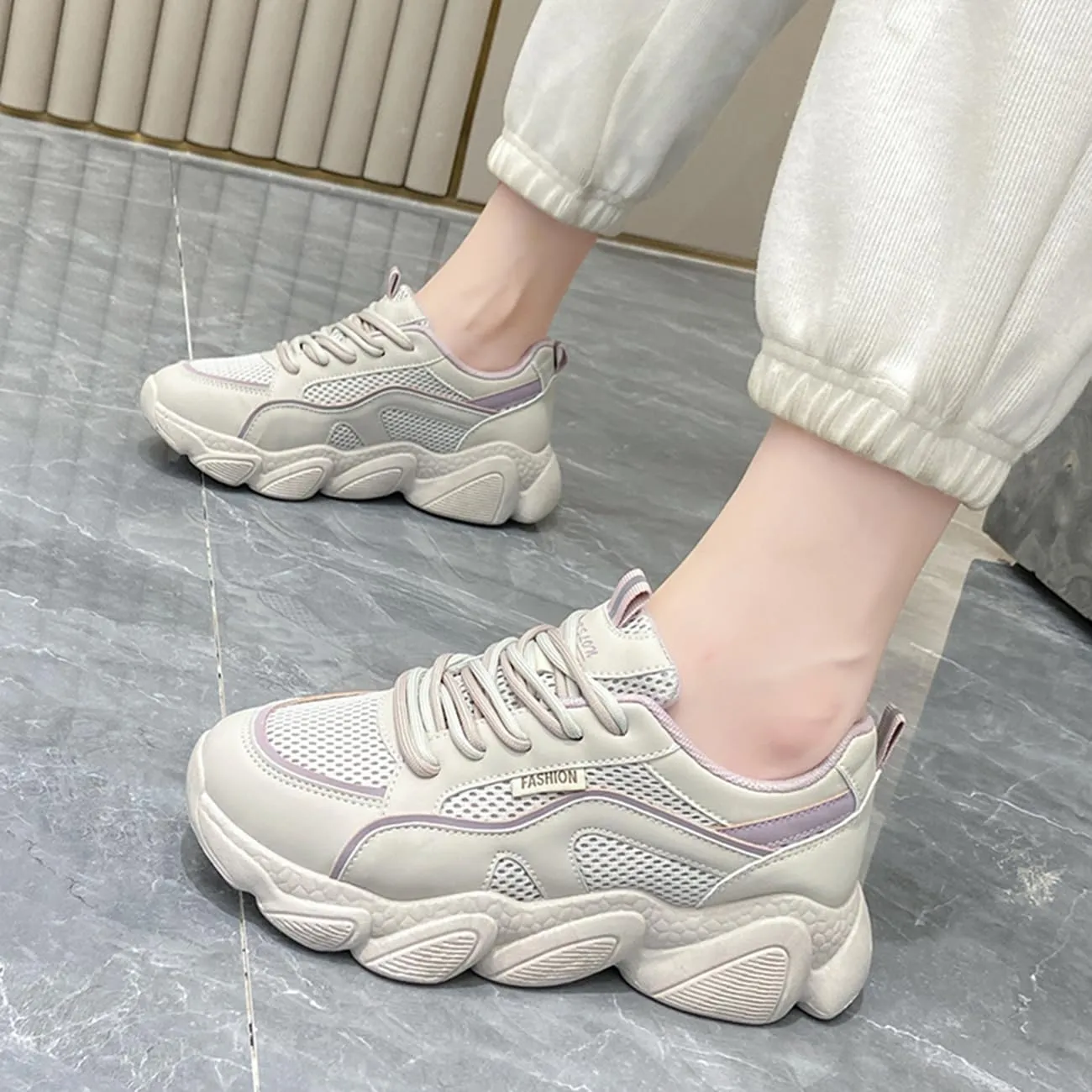 Women's Breathable Mesh Platform Sneakers Fashion Lace-Up White Casual Shoes for Walking & Campus Wear