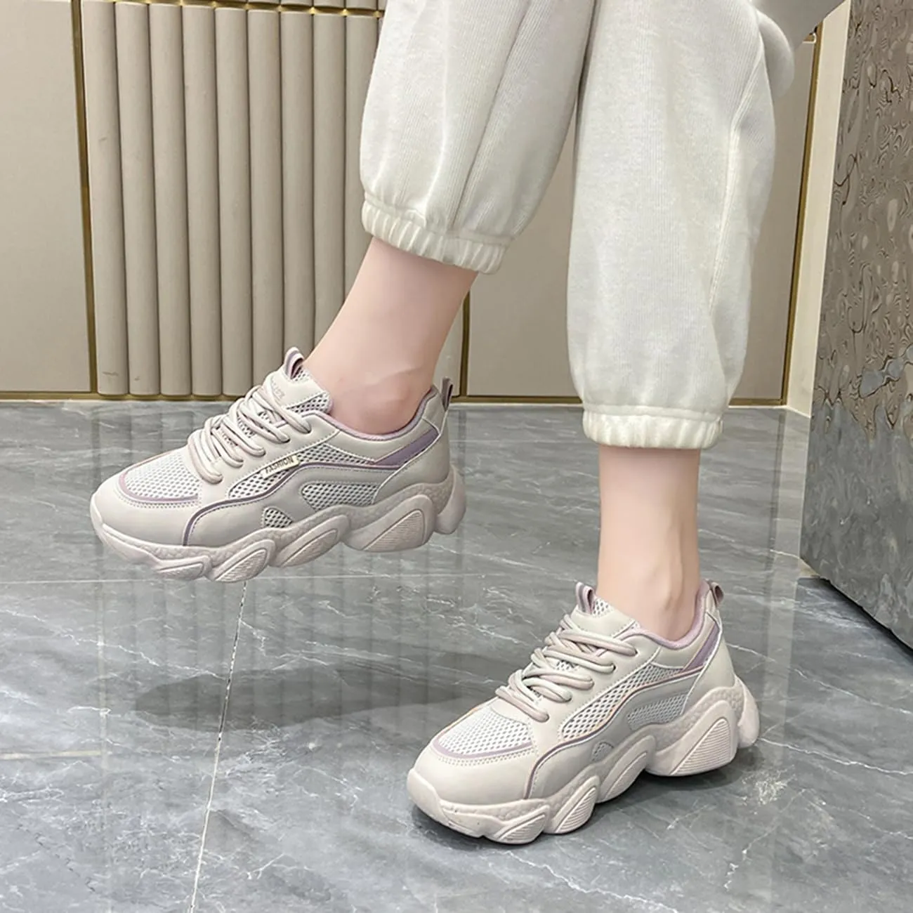 Women's Breathable Mesh Platform Sneakers Fashion Lace-Up White Casual Shoes for Walking & Campus Wear