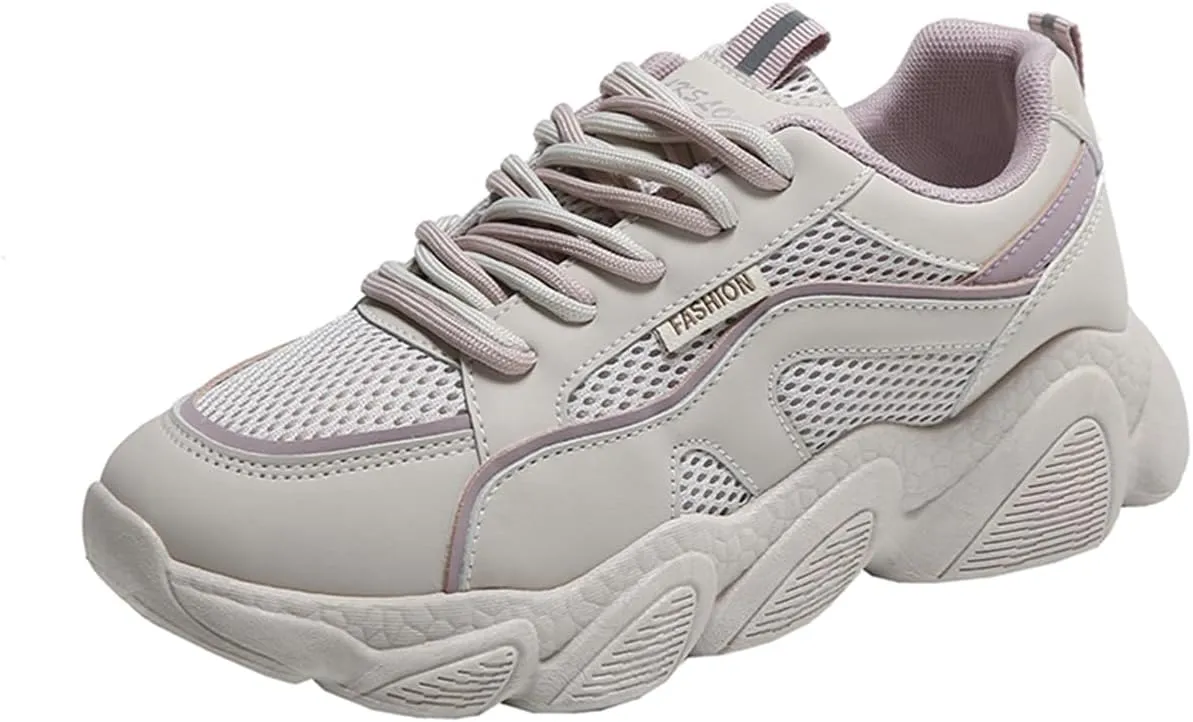 Women's Breathable Mesh Platform Sneakers Fashion Lace-Up White Casual Shoes for Walking & Campus Wear