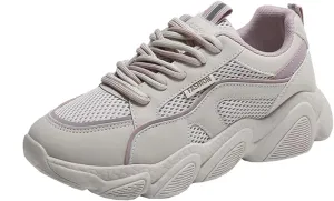 Women's Breathable Mesh Platform Sneakers Fashion Lace-Up White Casual Shoes for Walking & Campus Wear
