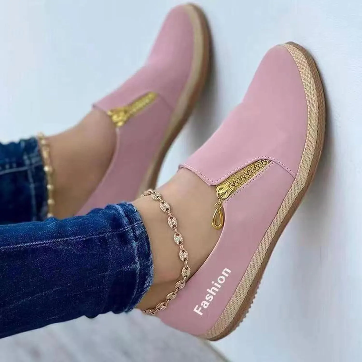 Womens Canvas Shoes Summer Fashion Casual Round Toe Closed Toe Zipper Platform Sole Hemp Rope Shoes Solid Color Lightweight Comfy Walking Shoes Loafers