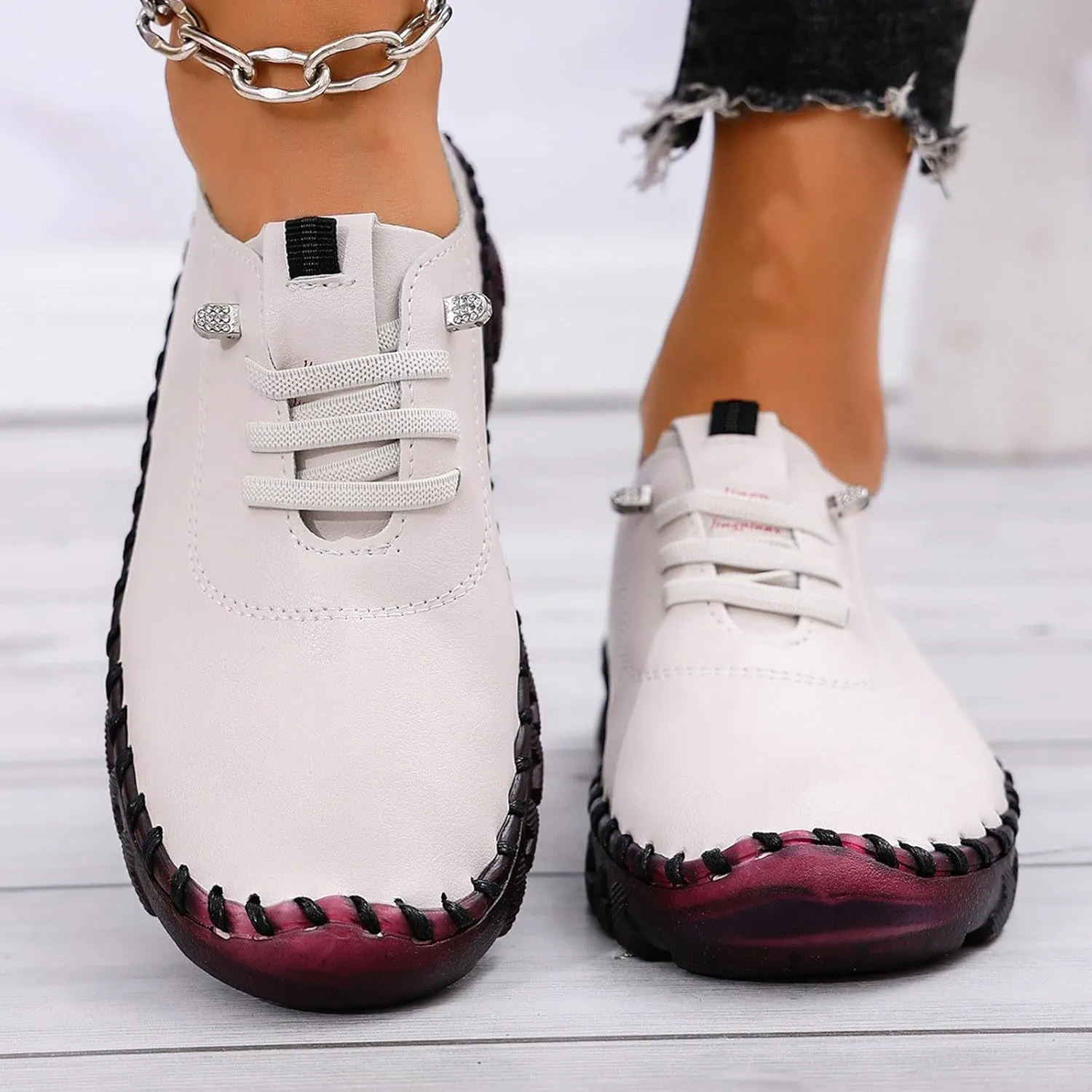 Womens Comfy Breathable Sneakers Flat Bottom Leather Slip-on Loafers Handmade Soft Shoes Sandals