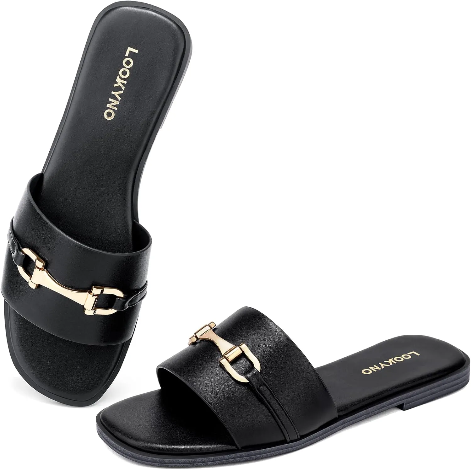 Womens Flat Sandals Dressy Square Open Toe Summer Slides Sandals Slip on Comfortable Leather Sandals for Women