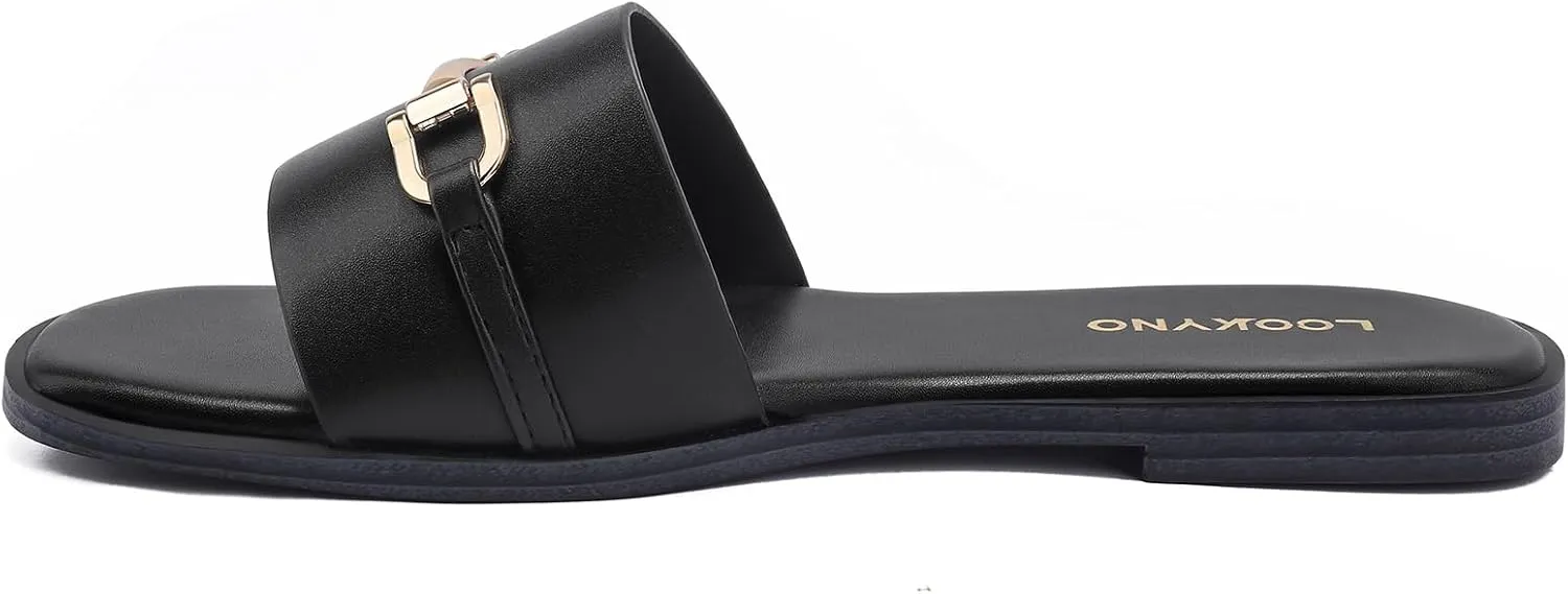 Womens Flat Sandals Dressy Square Open Toe Summer Slides Sandals Slip on Comfortable Leather Sandals for Women