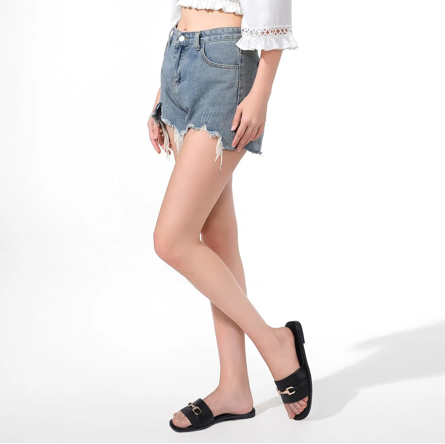 Womens Flat Sandals Dressy Square Open Toe Summer Slides Sandals Slip on Comfortable Leather Sandals for Women