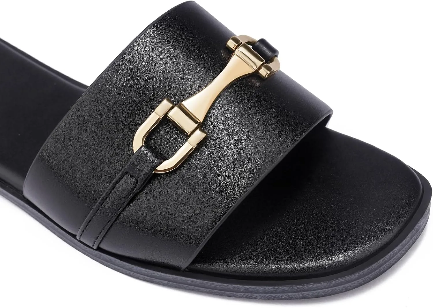 Womens Flat Sandals Dressy Square Open Toe Summer Slides Sandals Slip on Comfortable Leather Sandals for Women