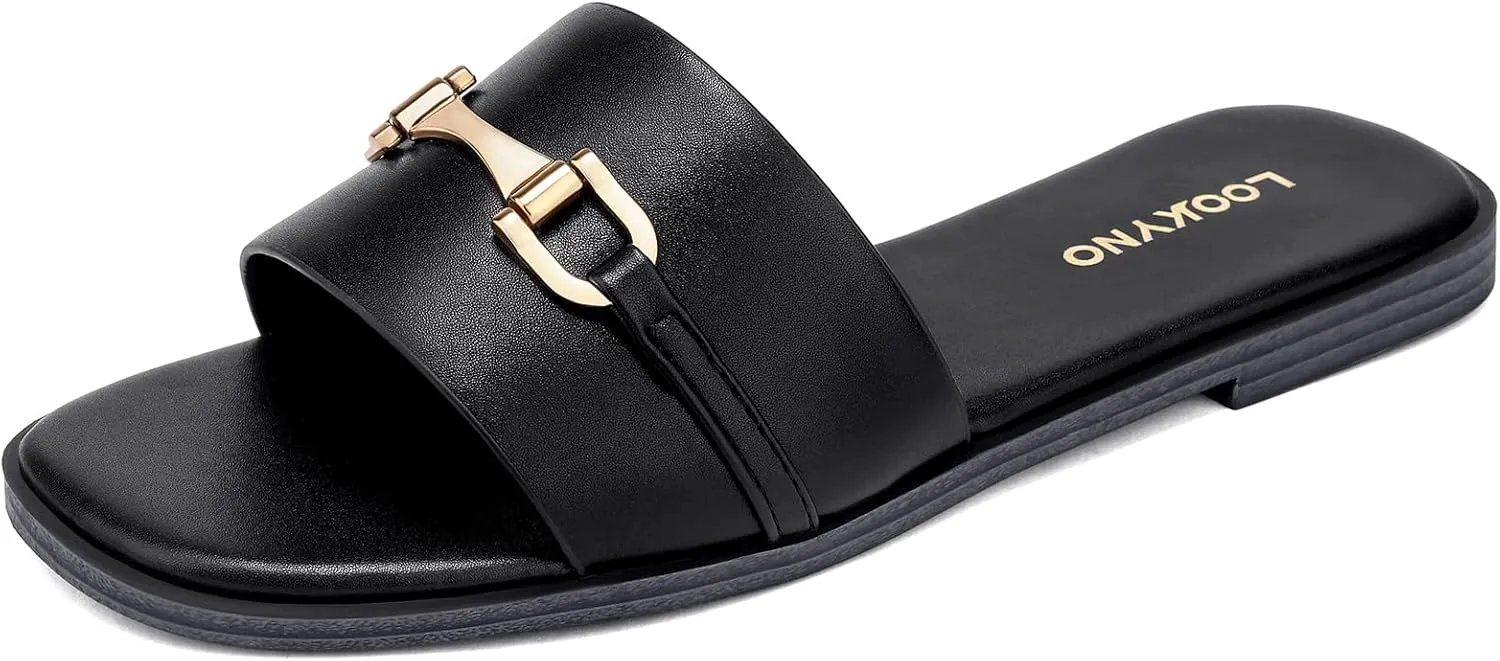 Womens Flat Sandals Dressy Square Open Toe Summer Slides Sandals Slip on Comfortable Leather Sandals for Women
