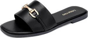 Womens Flat Sandals Dressy Square Open Toe Summer Slides Sandals Slip on Comfortable Leather Sandals for Women
