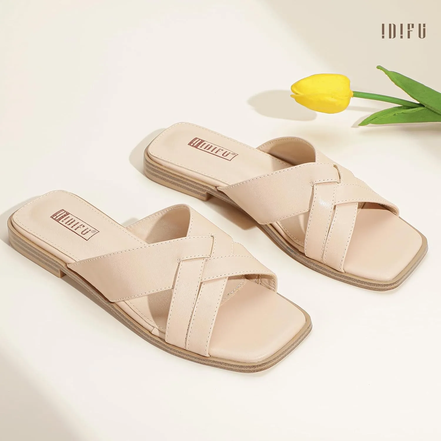 Women's Flat Sandals Strappy Slip On Open Square Toe Cross Strap Comfortable Summer Dressy Cute Ladies Casual Trendy Fancy Beach Shoes Dress Slide Sandals