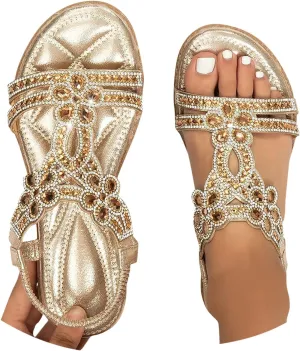 Women's Flat Sandals Summer Beach Sandal Bohemia Shoes T-Strap Rhinestone Beaded Fashion Floral Shoe Sparkle Slides