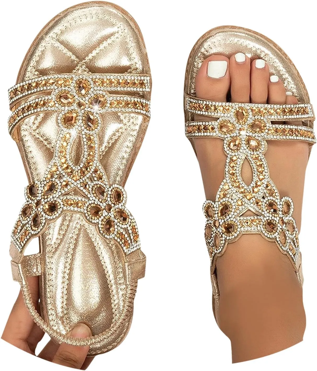 Women's Flat Sandals Summer Beach Sandal Bohemia Shoes T-Strap Rhinestone Beaded Fashion Floral Shoe Sparkle Slides