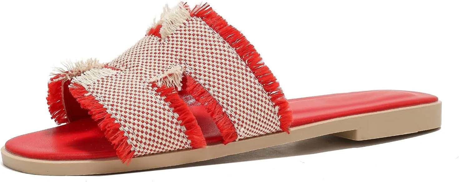 Women's Flat Slide Sandals Square Open Toe Flat Sandals Summer Flats Casual Slip on Fringe Trim