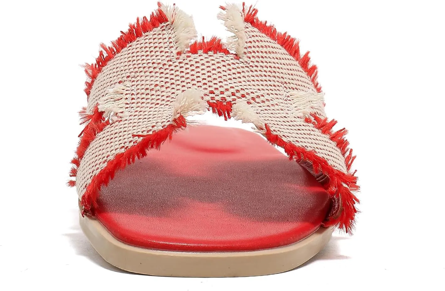 Women's Flat Slide Sandals Square Open Toe Flat Sandals Summer Flats Casual Slip on Fringe Trim