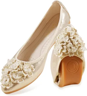 Women's Flats, Foldable Ballet Flats for Women, Flower Pionted Toe Comfort Light Weight Slip-On Dress Shoes