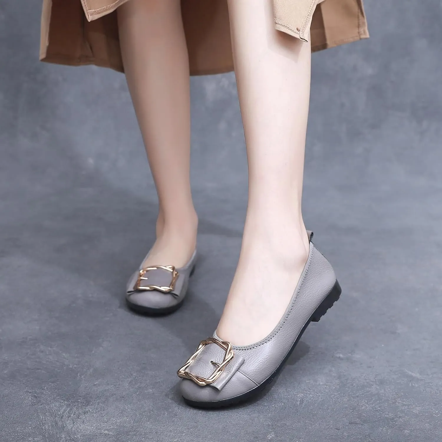 Women's Genuine Leather Ballerinas Fashion Metal Buckle Soft Flat Pumps Shoes