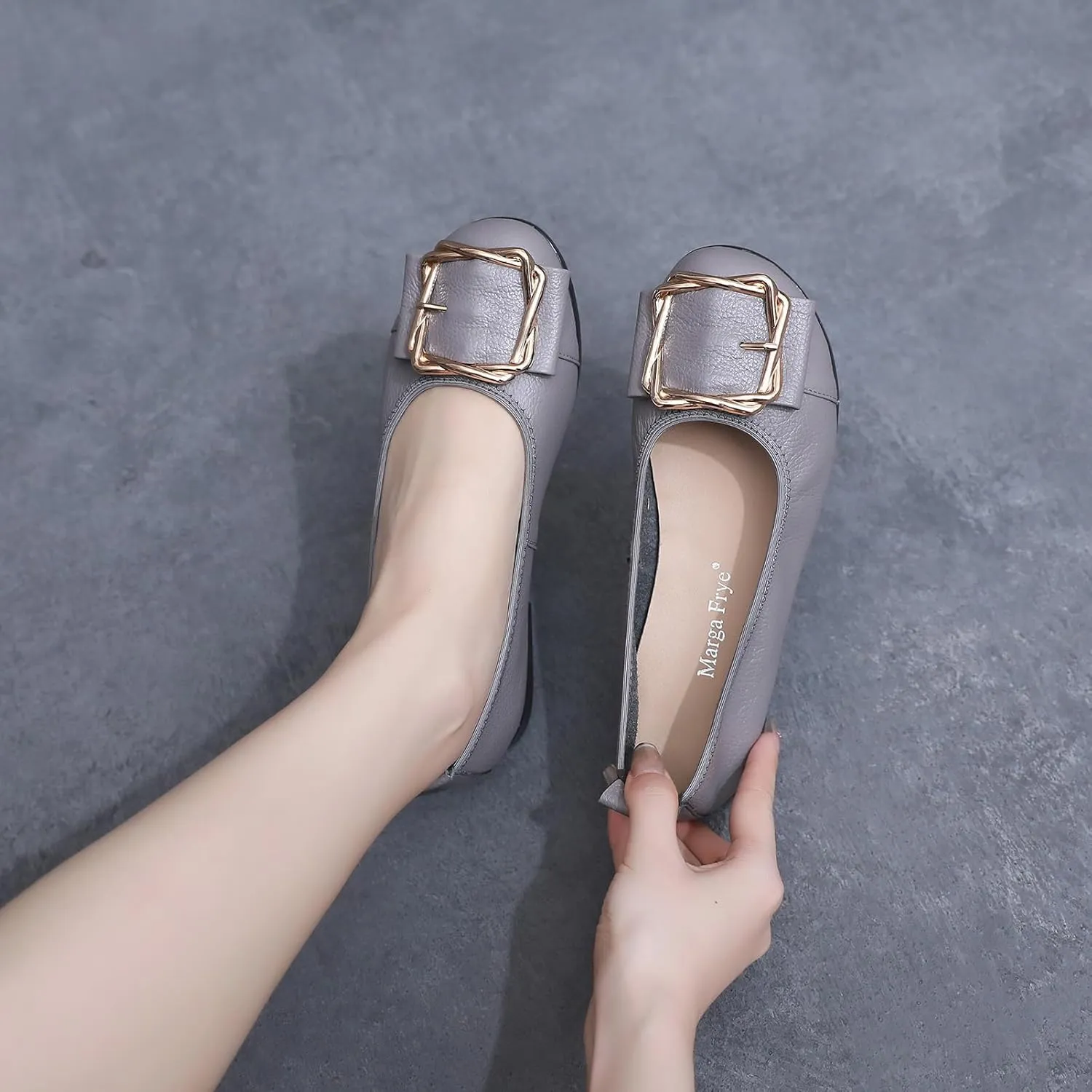 Women's Genuine Leather Ballerinas Fashion Metal Buckle Soft Flat Pumps Shoes