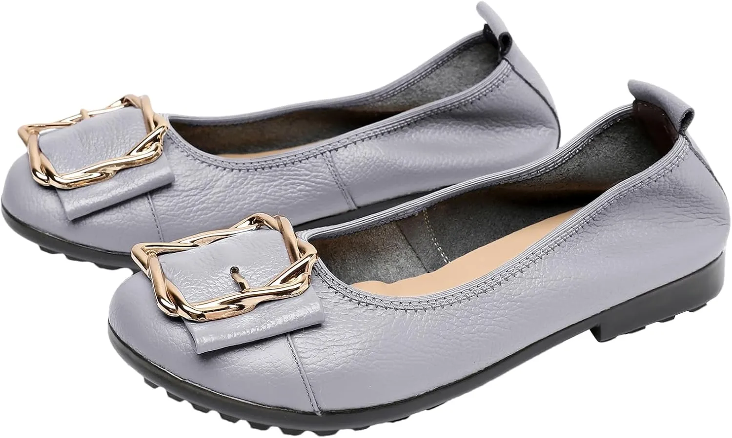 Women's Genuine Leather Ballerinas Fashion Metal Buckle Soft Flat Pumps Shoes