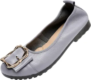 Women's Genuine Leather Ballerinas Fashion Metal Buckle Soft Flat Pumps Shoes
