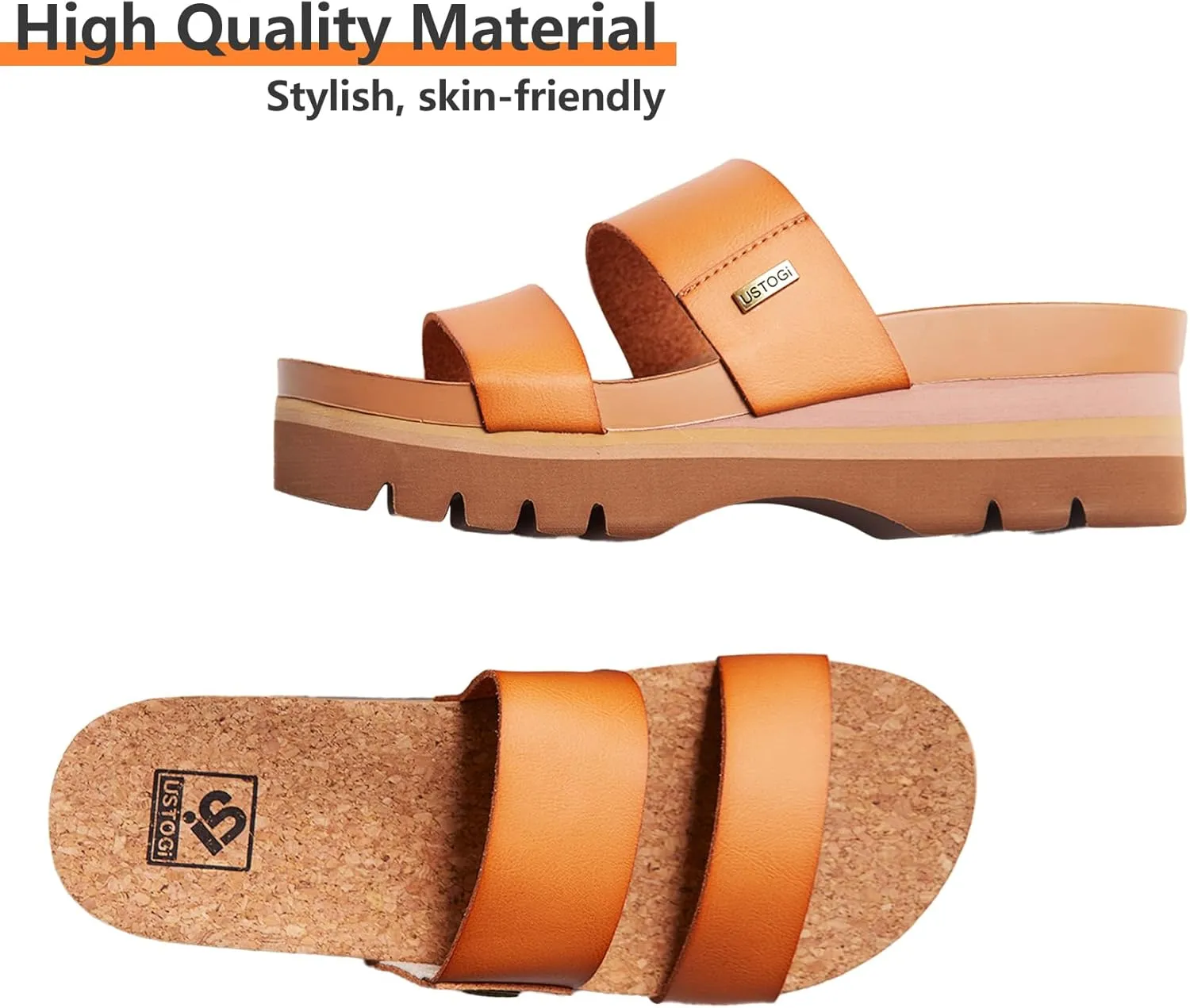 Women's Higher Platform Sandals Arch Support Beach Slides for Woman Orthotic Summer Causal Cork Footbed Slip on Cushion Cute 2 Strap Flatform 2.2IN sandalias de mujer