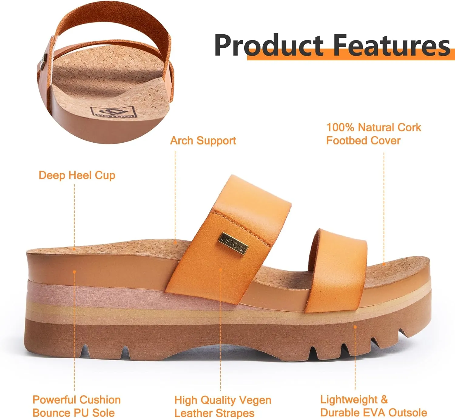 Women's Higher Platform Sandals Arch Support Beach Slides for Woman Orthotic Summer Causal Cork Footbed Slip on Cushion Cute 2 Strap Flatform 2.2IN sandalias de mujer