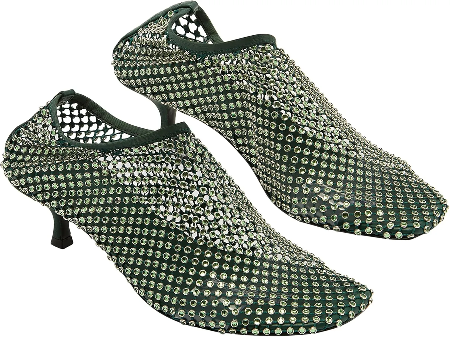 Women's Kitten Heels Mesh Sandals Rhinestone Mesh Square Toe Slip On Casual Dress Fashion Party Shoes