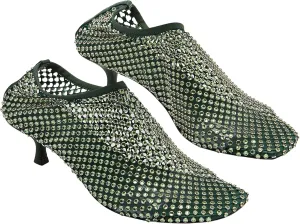 Women's Kitten Heels Mesh Sandals Rhinestone Mesh Square Toe Slip On Casual Dress Fashion Party Shoes