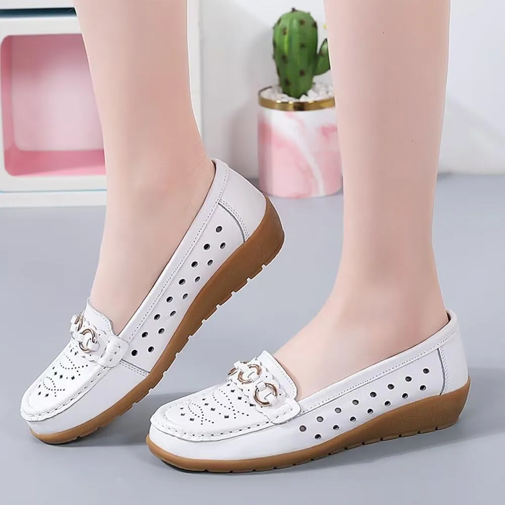 Women's Leather Wedge Moccasins Pumps Boat Shoes Casual Breathable Cushion Driving Slip-Ons