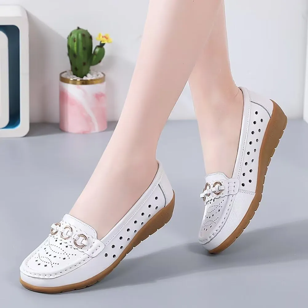 Women's Leather Wedge Moccasins Pumps Boat Shoes Casual Breathable Cushion Driving Slip-Ons
