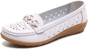 Women's Leather Wedge Moccasins Pumps Boat Shoes Casual Breathable Cushion Driving Slip-Ons