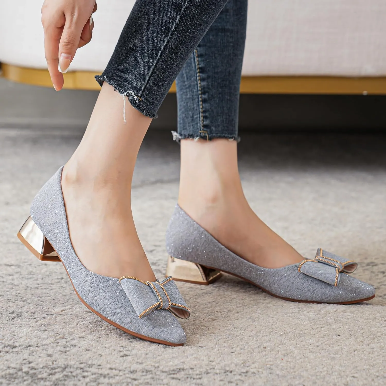 Women's Low Block Chunky Heels Dress Shoes Pointed Toe Closed Toe Work Pumps Slip on Comfort Dress Shoes for Women
