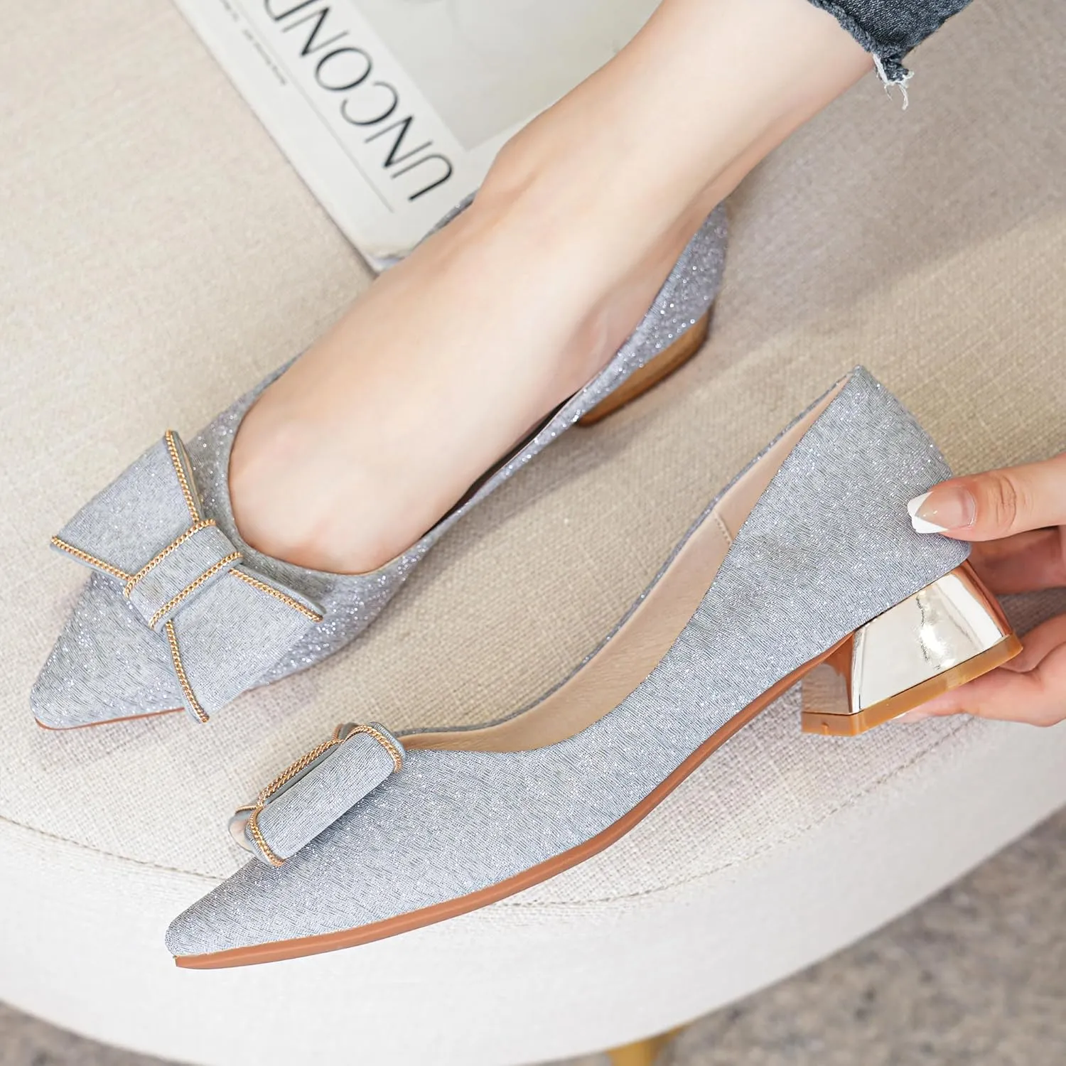 Women's Low Block Chunky Heels Dress Shoes Pointed Toe Closed Toe Work Pumps Slip on Comfort Dress Shoes for Women