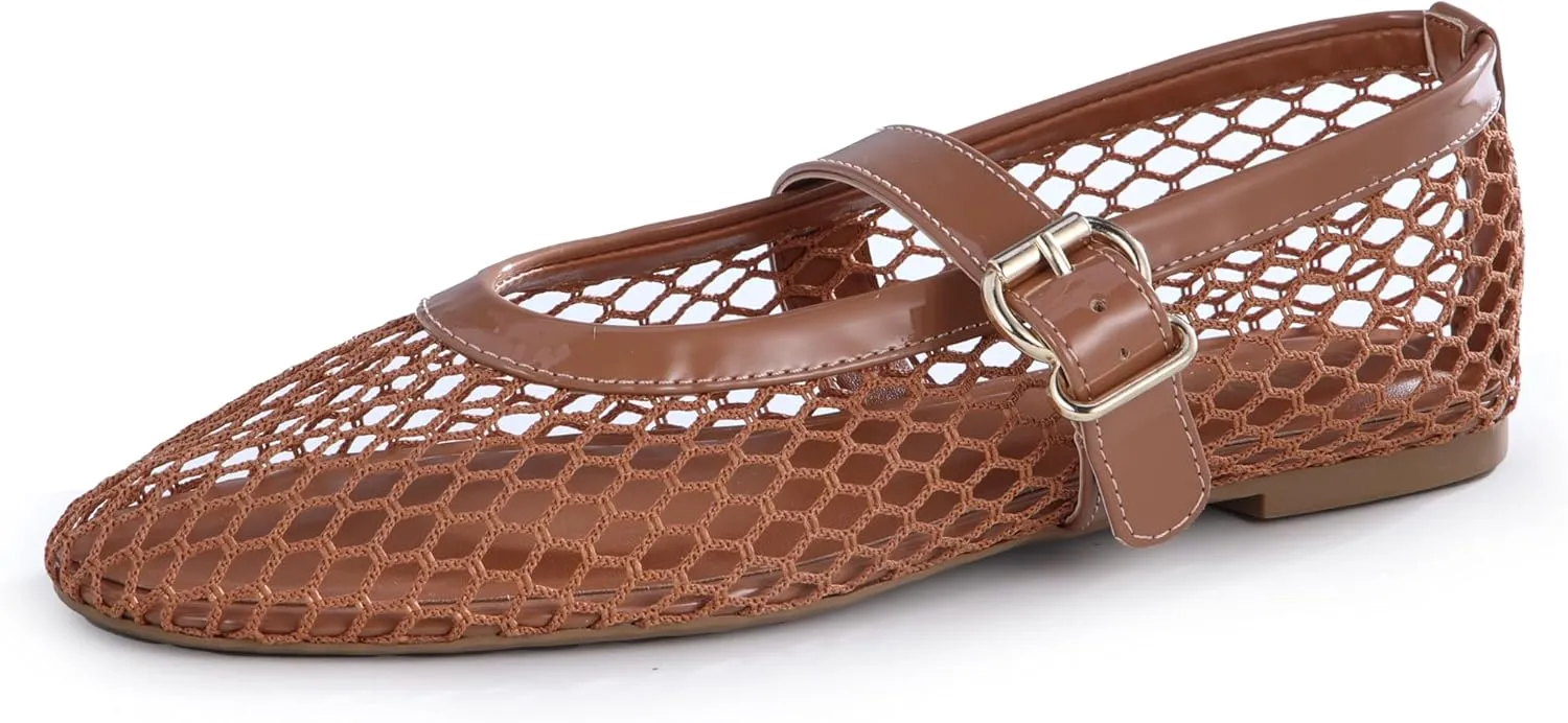 Women’s Mesh Ballet Flats – Fishnet Mary Jane Flats with Adjustable Buckle Strap, Breathable & Stylish Ballerina Shoes