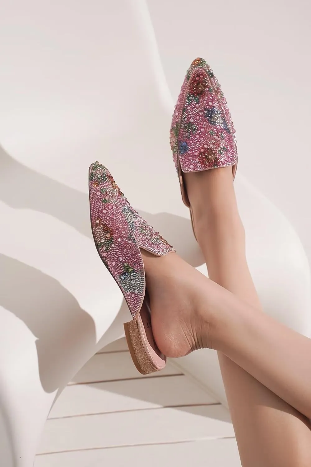Women's Rhinestone Slip-On Mules Flat Mules Buckle Pointed Toe Backless Slip on Slides Loafer Shoes