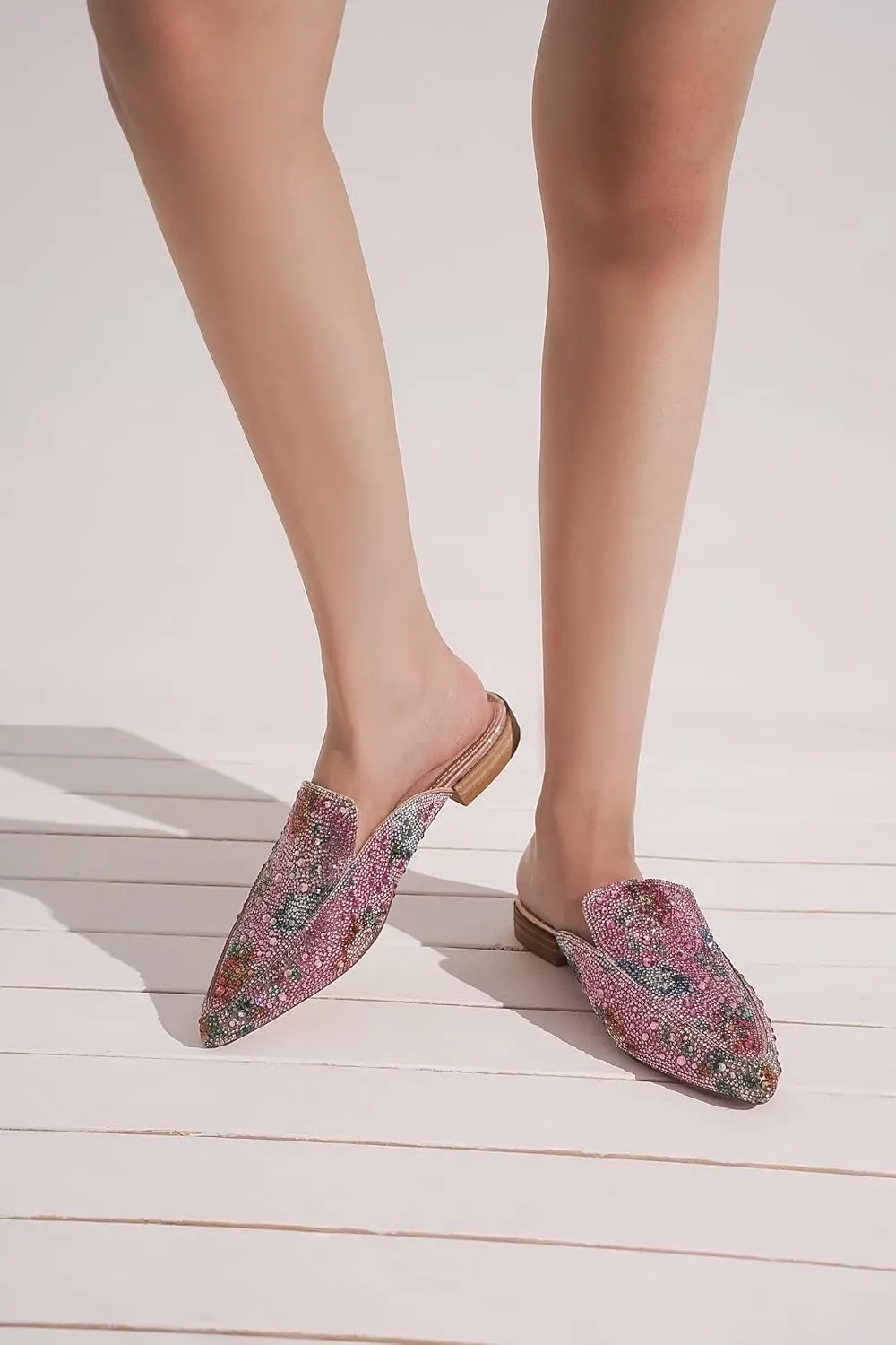 Women's Rhinestone Slip-On Mules Flat Mules Buckle Pointed Toe Backless Slip on Slides Loafer Shoes