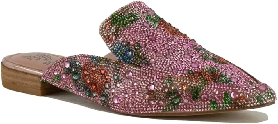 Women's Rhinestone Slip-On Mules Flat Mules Buckle Pointed Toe Backless Slip on Slides Loafer Shoes
