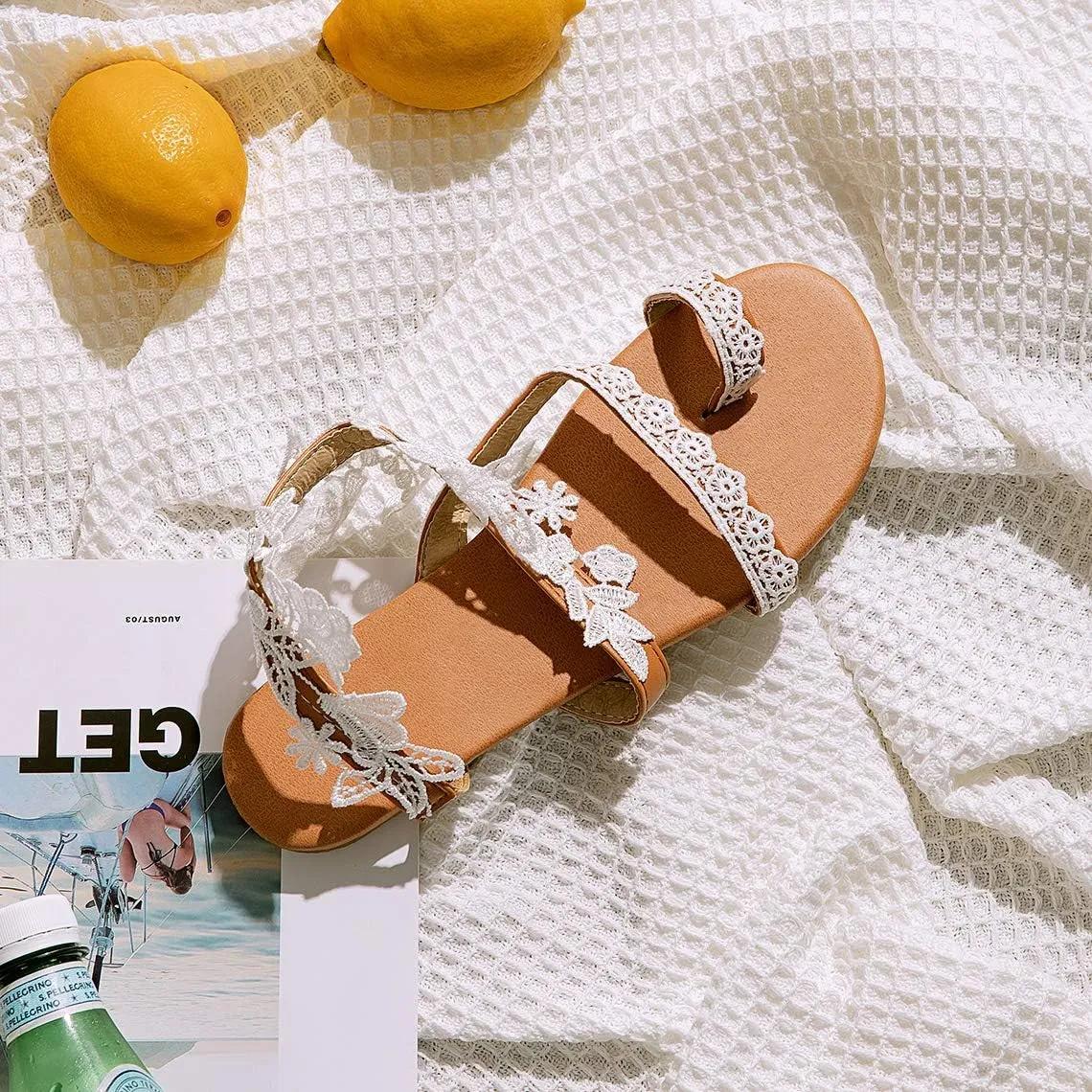 Women's Sandals Flat Clip Toe Casual Lace Floral Beach Flip Flop Comfy Shoes Summer Elegant Toe Ring Roman Sandals Comfy Dress