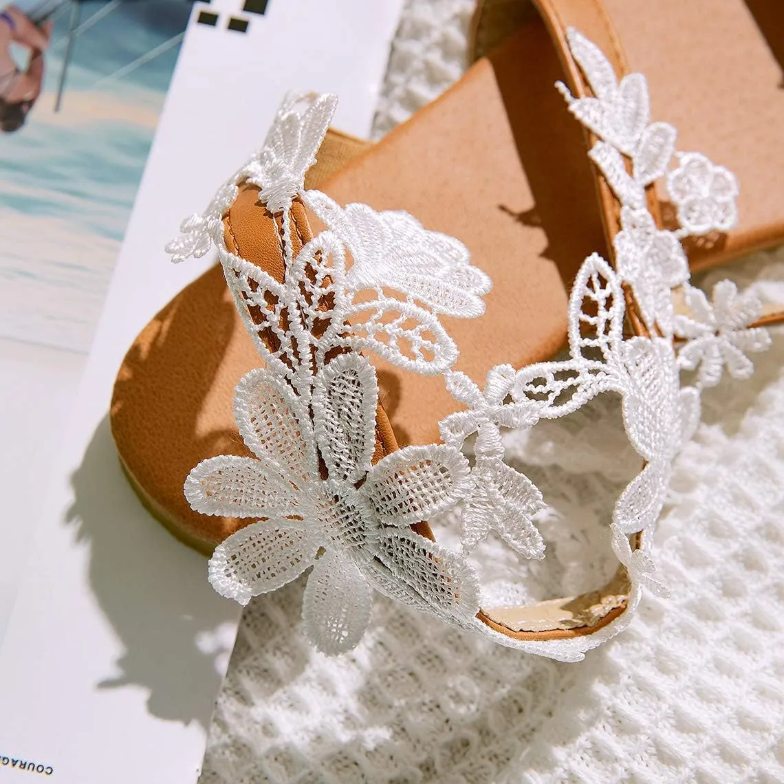 Women's Sandals Flat Clip Toe Casual Lace Floral Beach Flip Flop Comfy Shoes Summer Elegant Toe Ring Roman Sandals Comfy Dress