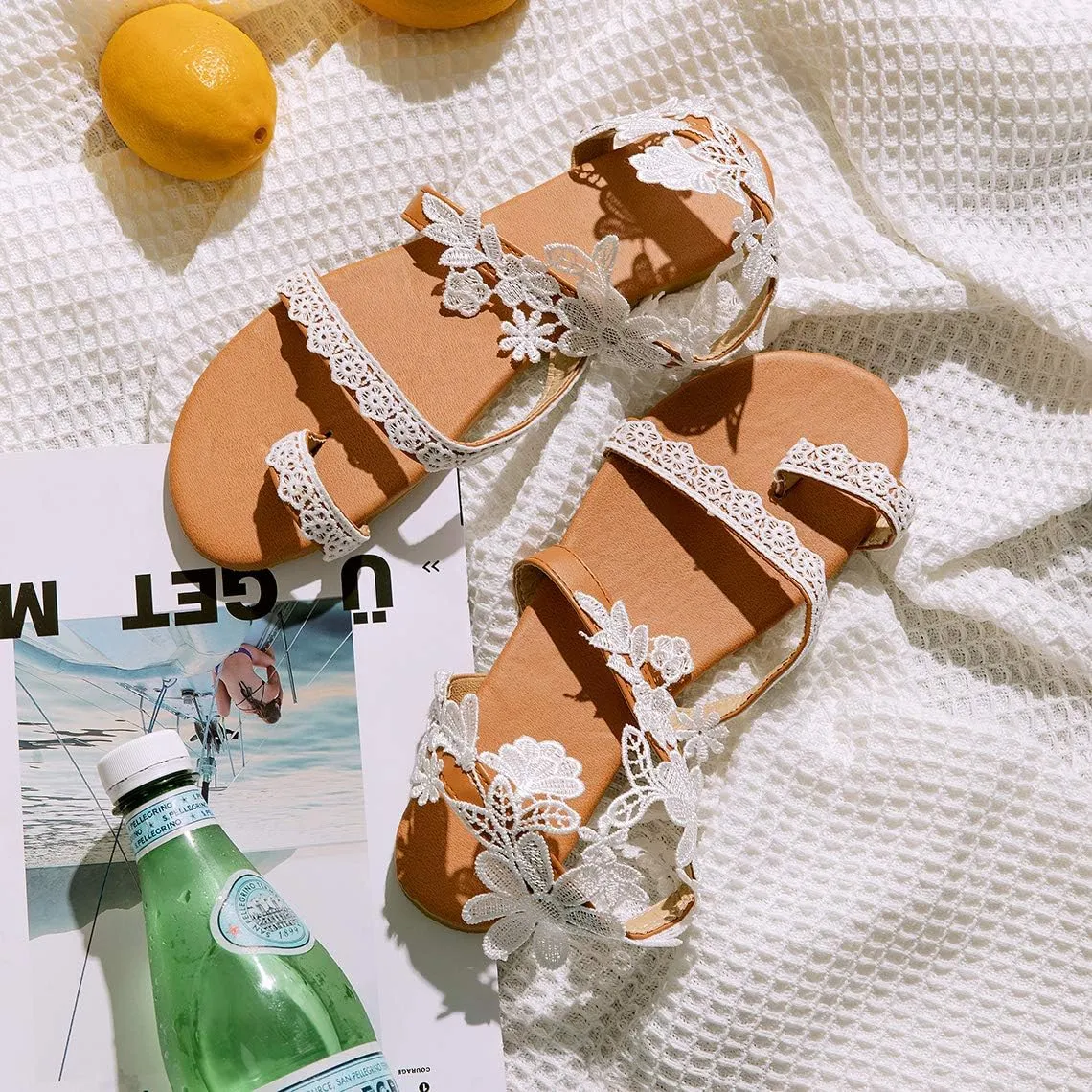 Women's Sandals Flat Clip Toe Casual Lace Floral Beach Flip Flop Comfy Shoes Summer Elegant Toe Ring Roman Sandals Comfy Dress