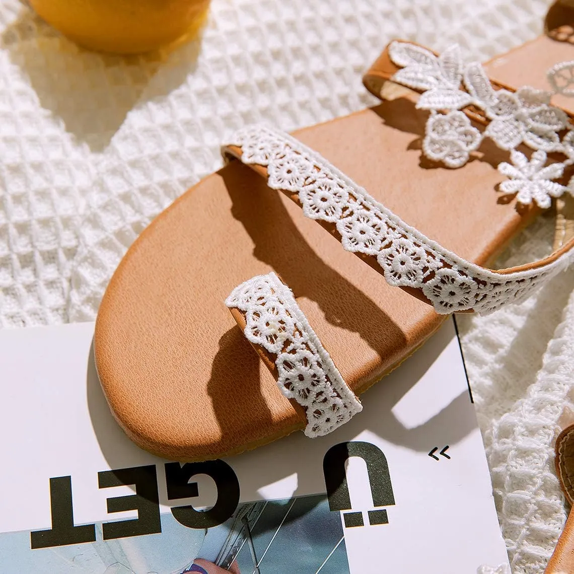 Women's Sandals Flat Clip Toe Casual Lace Floral Beach Flip Flop Comfy Shoes Summer Elegant Toe Ring Roman Sandals Comfy Dress