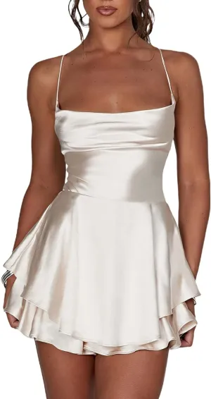 Women's Sexy Backless Short Romper Satin Dress Cowl Neck Tie Ruffle Layer Spaghetti Strap Jumpsuit Beach Mini Dress