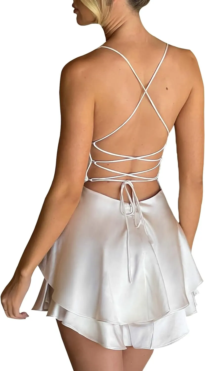 Women's Sexy Backless Short Romper Satin Dress Cowl Neck Tie Ruffle Layer Spaghetti Strap Jumpsuit Beach Mini Dress