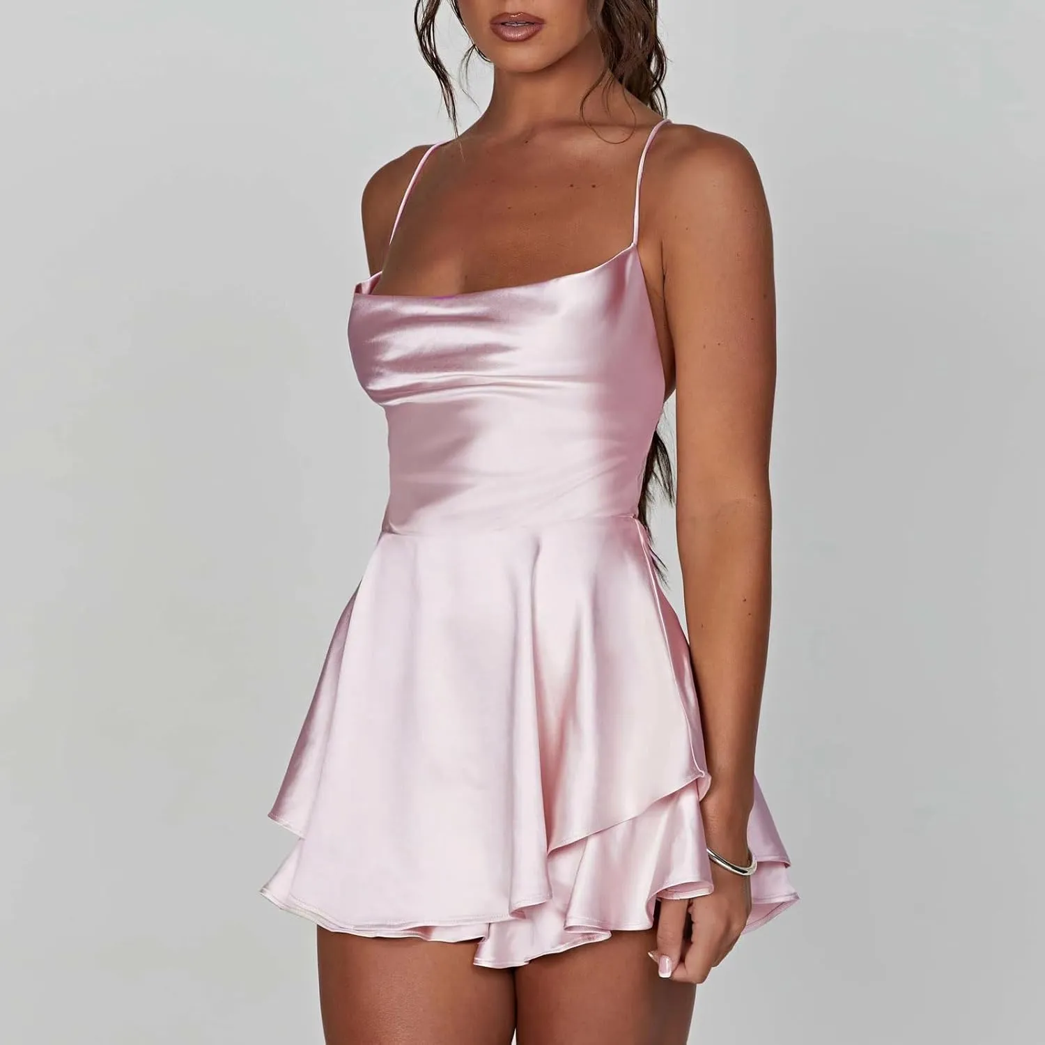 Women's Sexy Backless Short Romper Satin Dress Cowl Neck Tie Ruffle Layer Spaghetti Strap Jumpsuit Beach Mini Dress