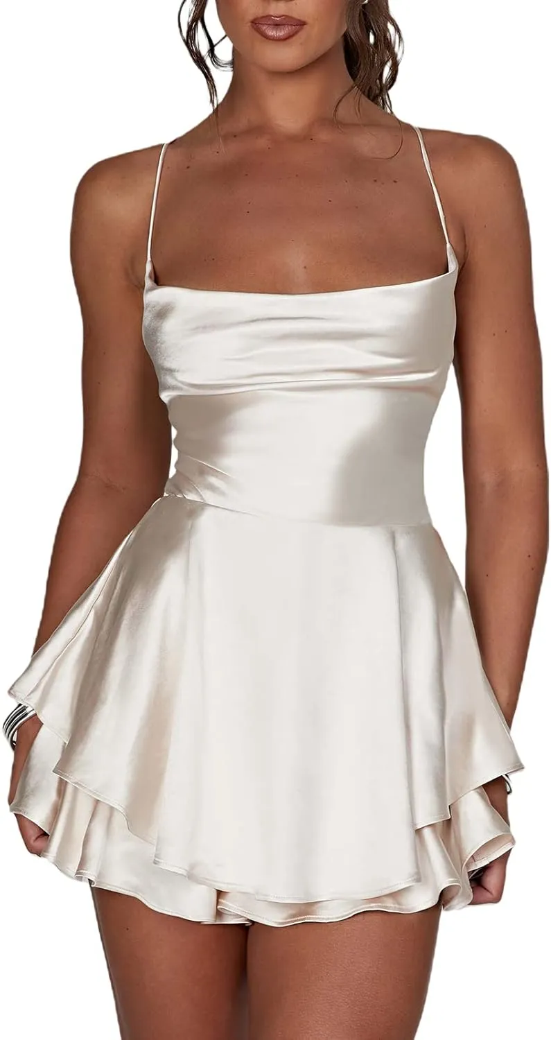 Women's Sexy Backless Short Romper Satin Dress Cowl Neck Tie Ruffle Layer Spaghetti Strap Jumpsuit Beach Mini Dress