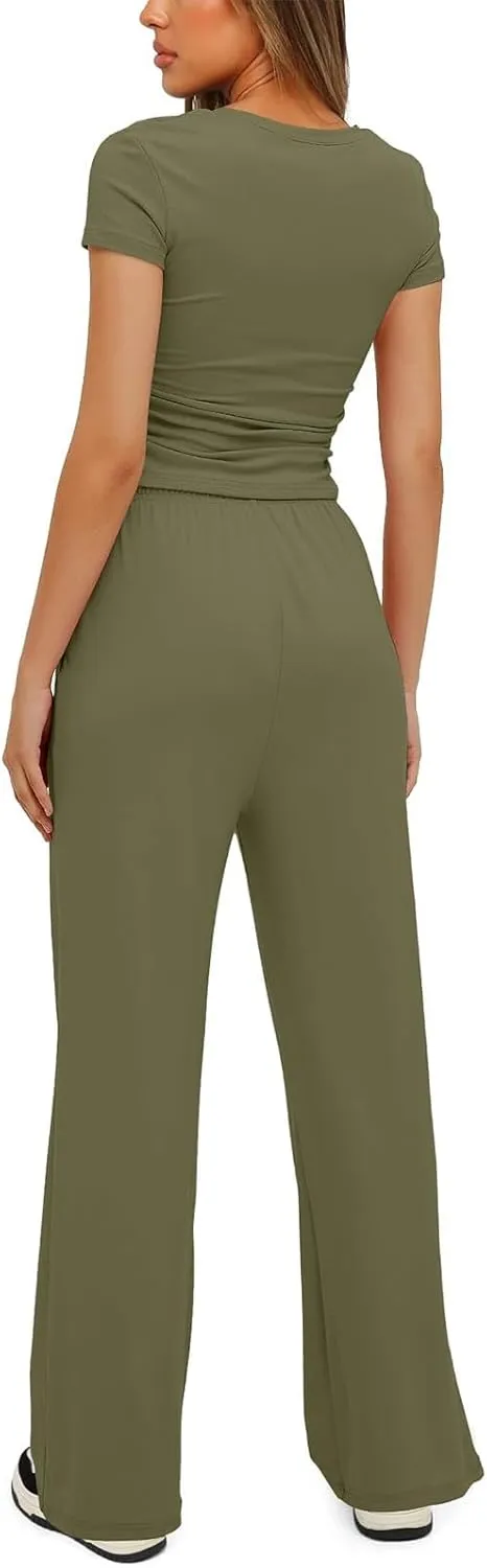 Women's Summer 2 Piece Outfits 2024 Sexy Ruched Slim Fit Short Sleeve Shirt Crop Top Wide Leg Pant Matching Sets